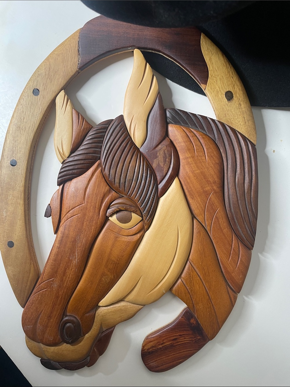 Vintage horse intarsia wood 3D handcrafted wall hanging rustic ranch horses